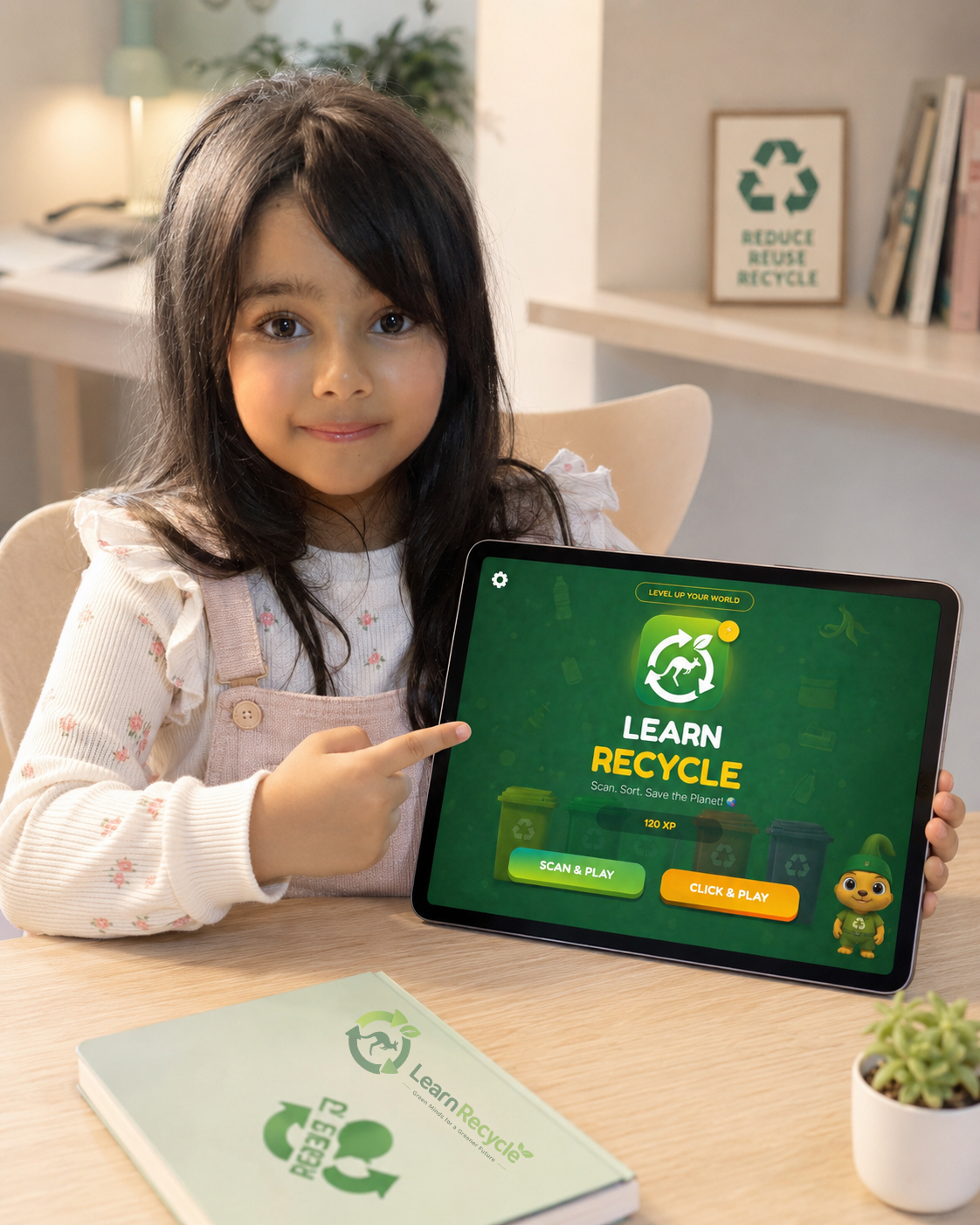 Young child using the Learn Recycle educational recycling game app on a tablet