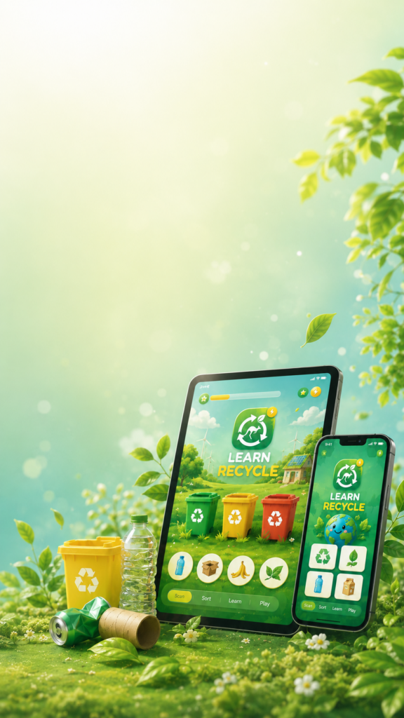 Learn Recycle mobile app screen with recycling game interface, yellow recycling bin, bottle, can and eco-friendly background.