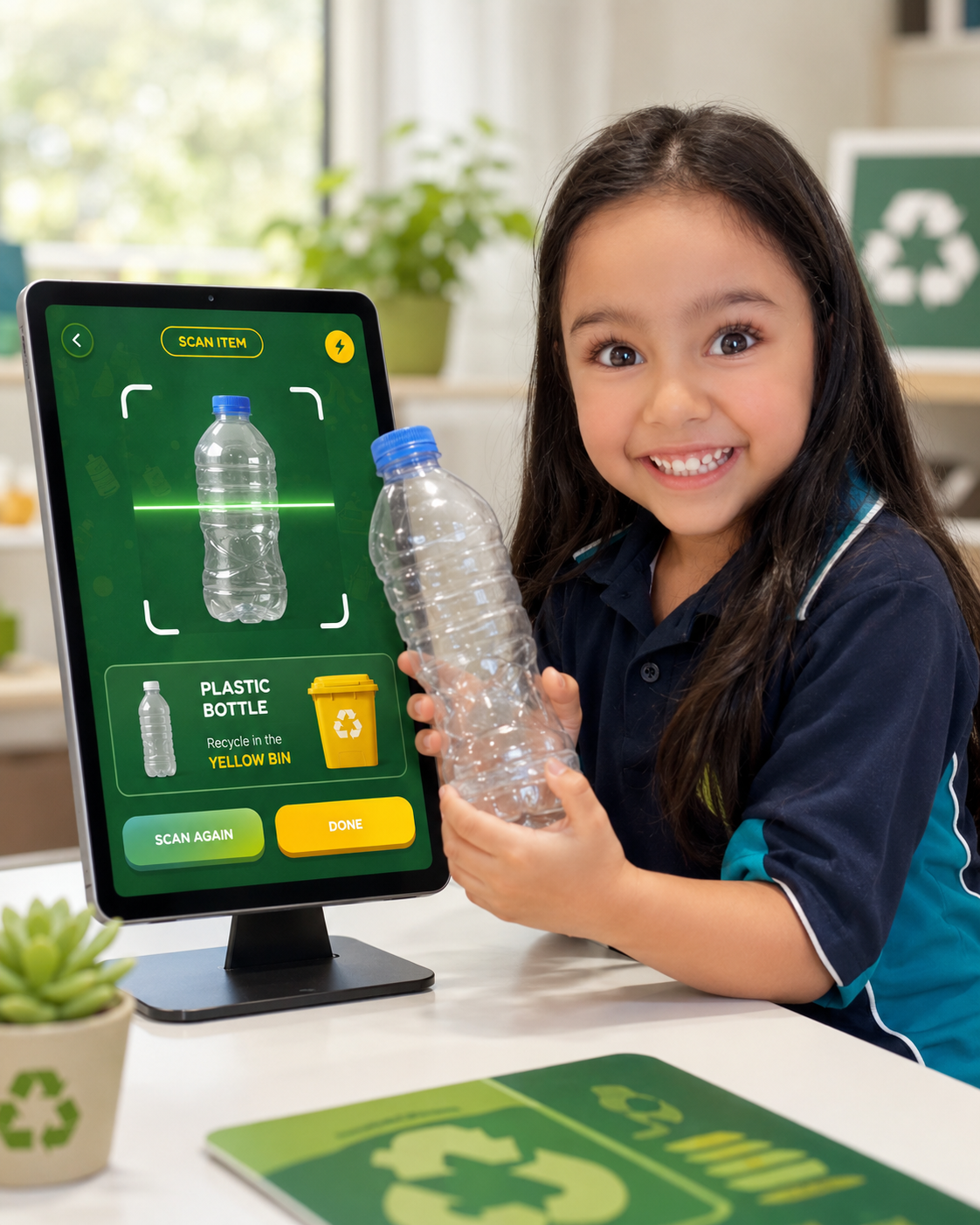 Kiana using the Learn Recycle app to scan a plastic bottle and learn which bin it belongs in.