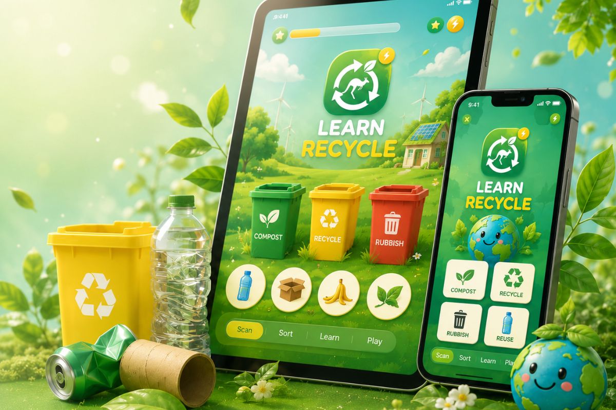 The three Learn Recycle bins — Rubbish, Recycling and Compost