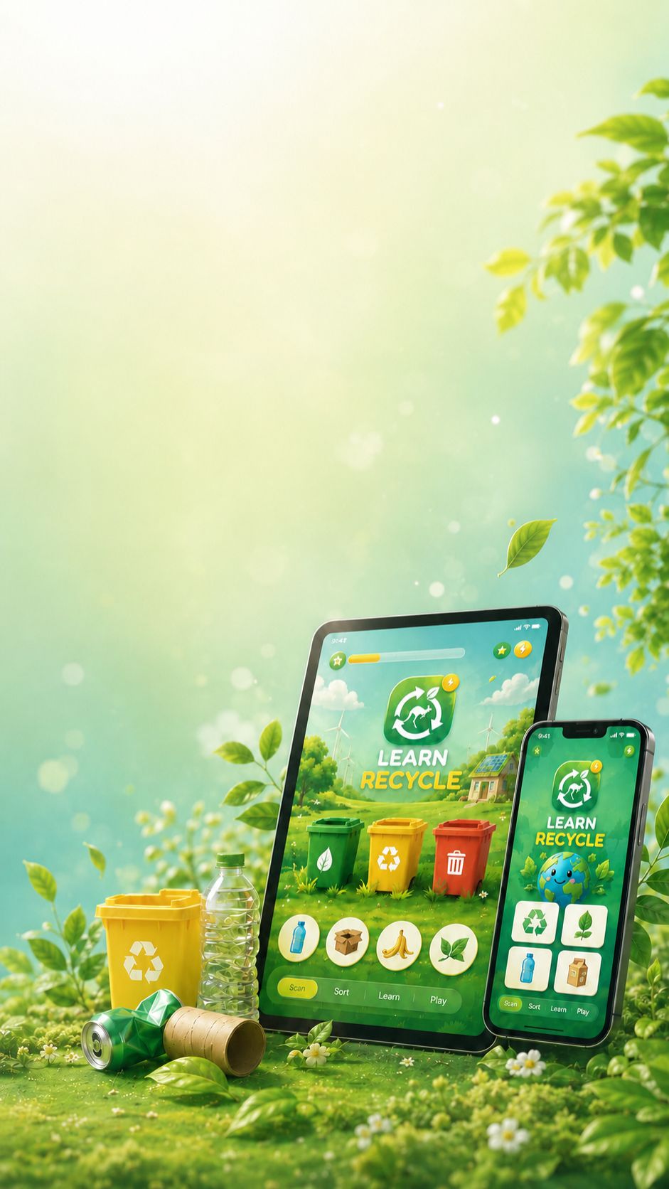 Learn Recycle mobile app screen with recycling game interface, yellow recycling bin, bottle, can and eco-friendly background.